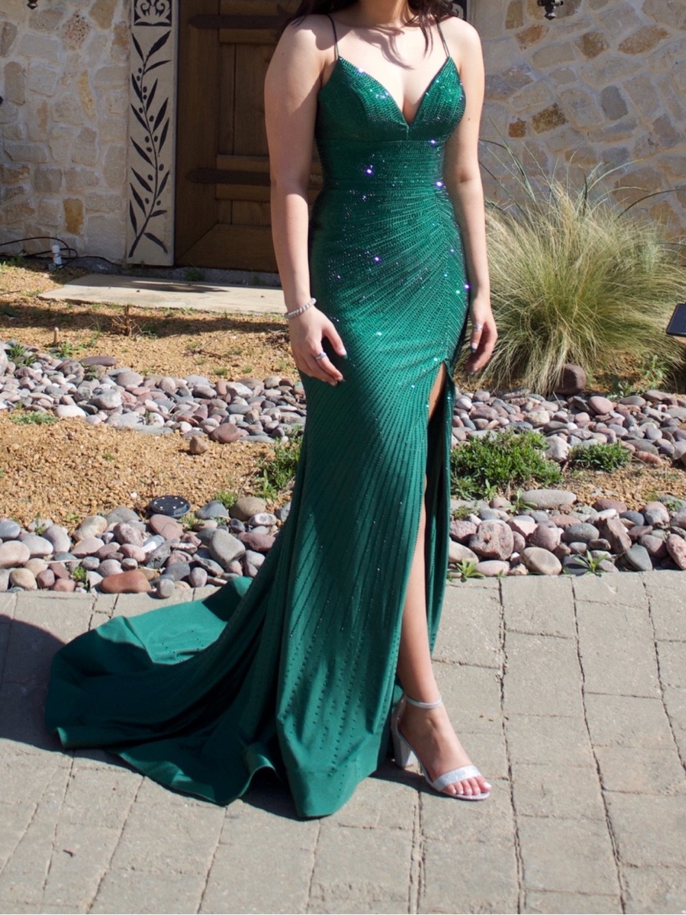 Sherri Hill Emerald Green Beaded Spaghetti-Strap Prom Gown